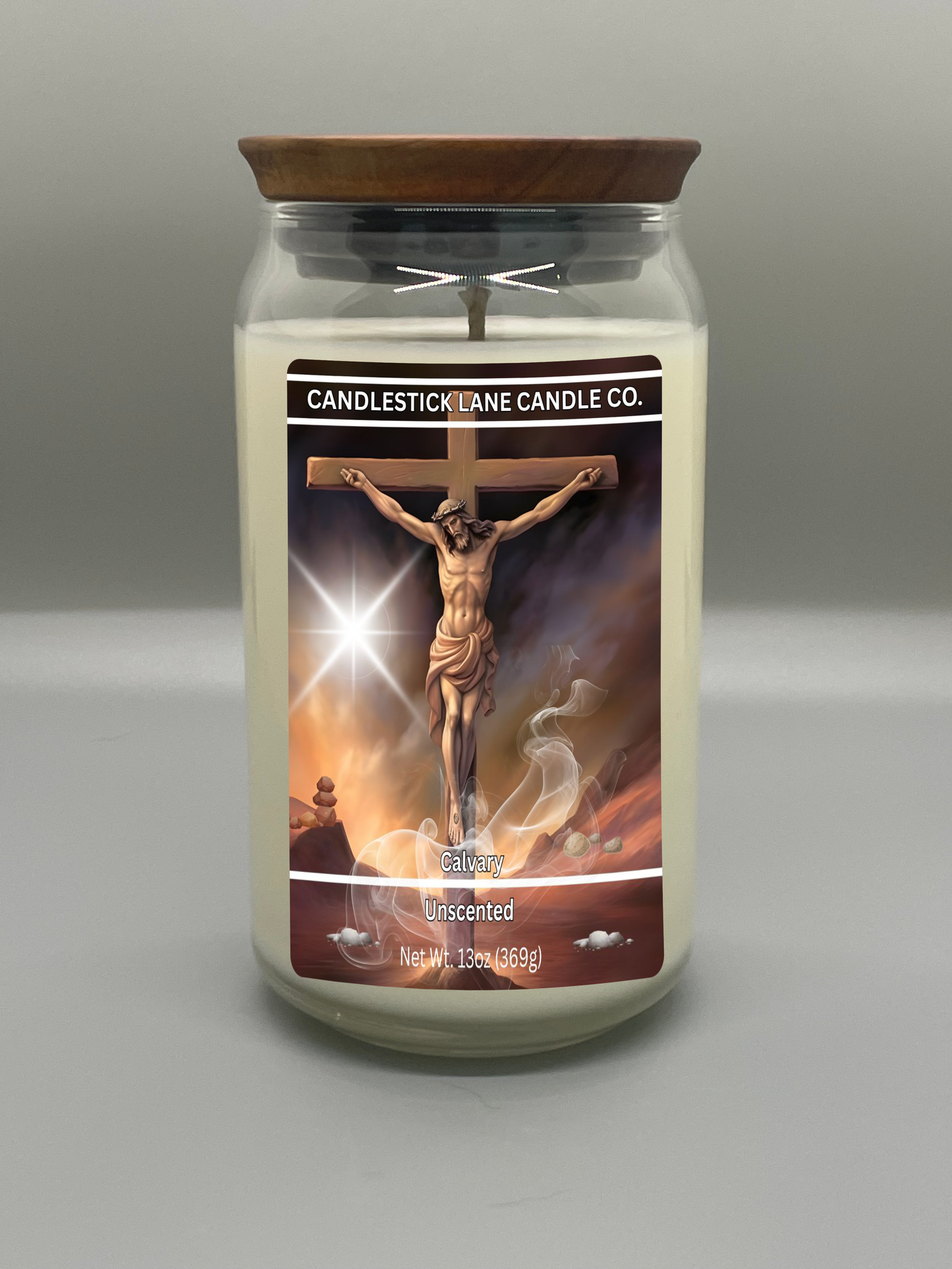 13oz "Calvary" Themed Jar Candle with Logo Engraved Bamboo Lid