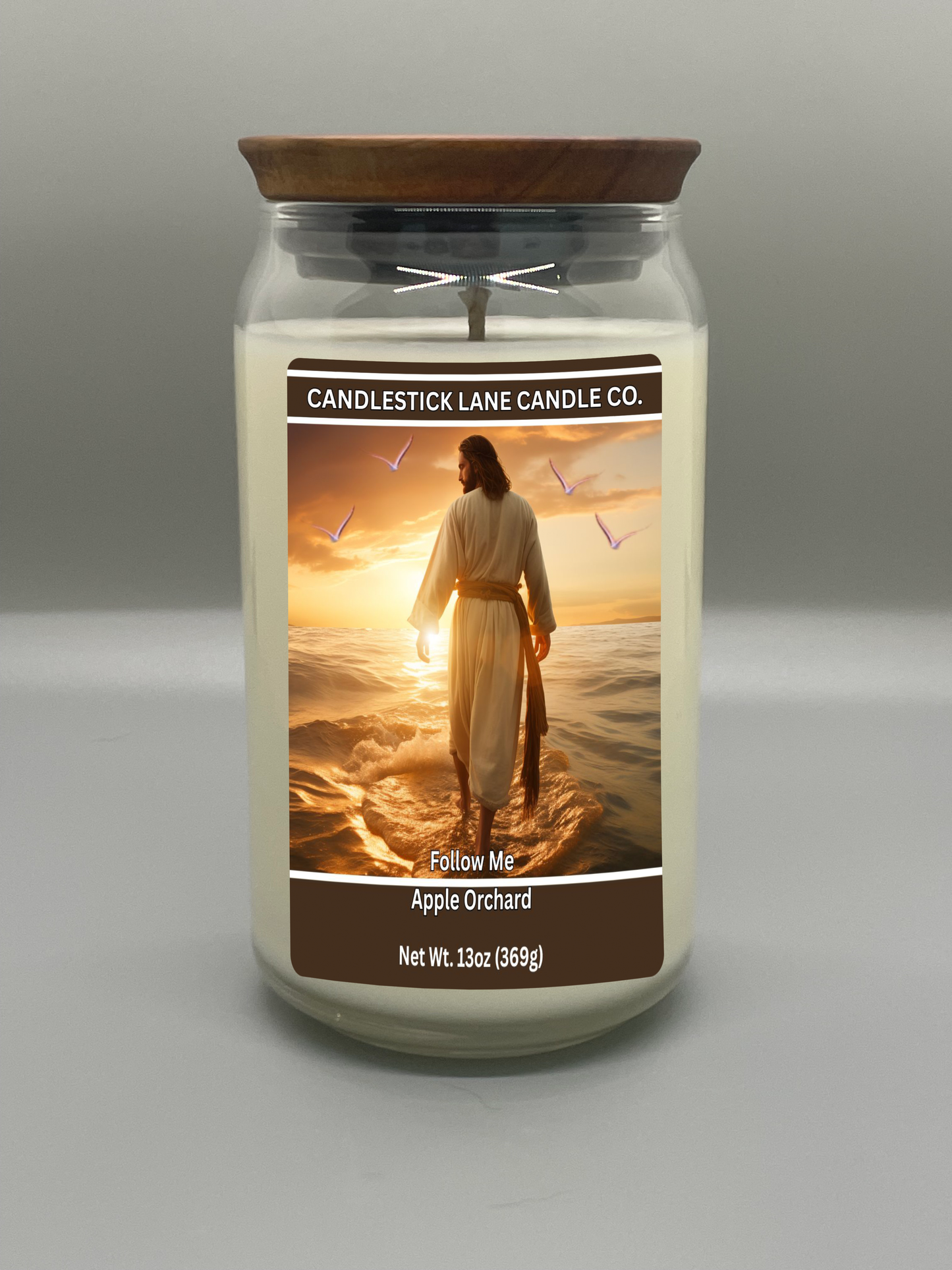 13oz "Follow Me" Themed Jar Candle with Logo Engraved Bamboo Lid