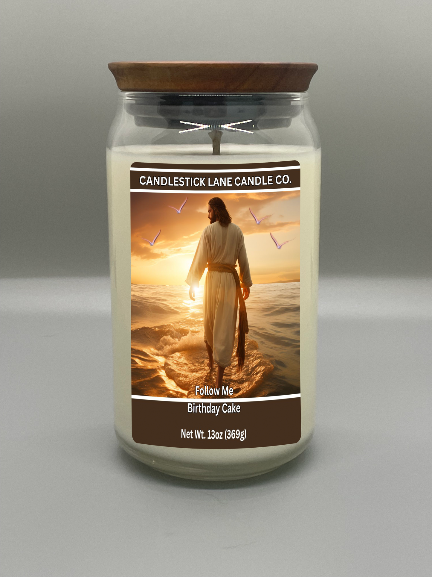 13oz "Follow Me" Themed Jar Candle with Logo Engraved Bamboo Lid