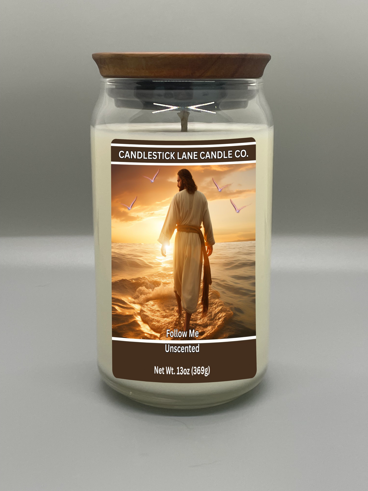 13oz "Follow Me" Themed Jar Candle with Logo Engraved Bamboo Lid