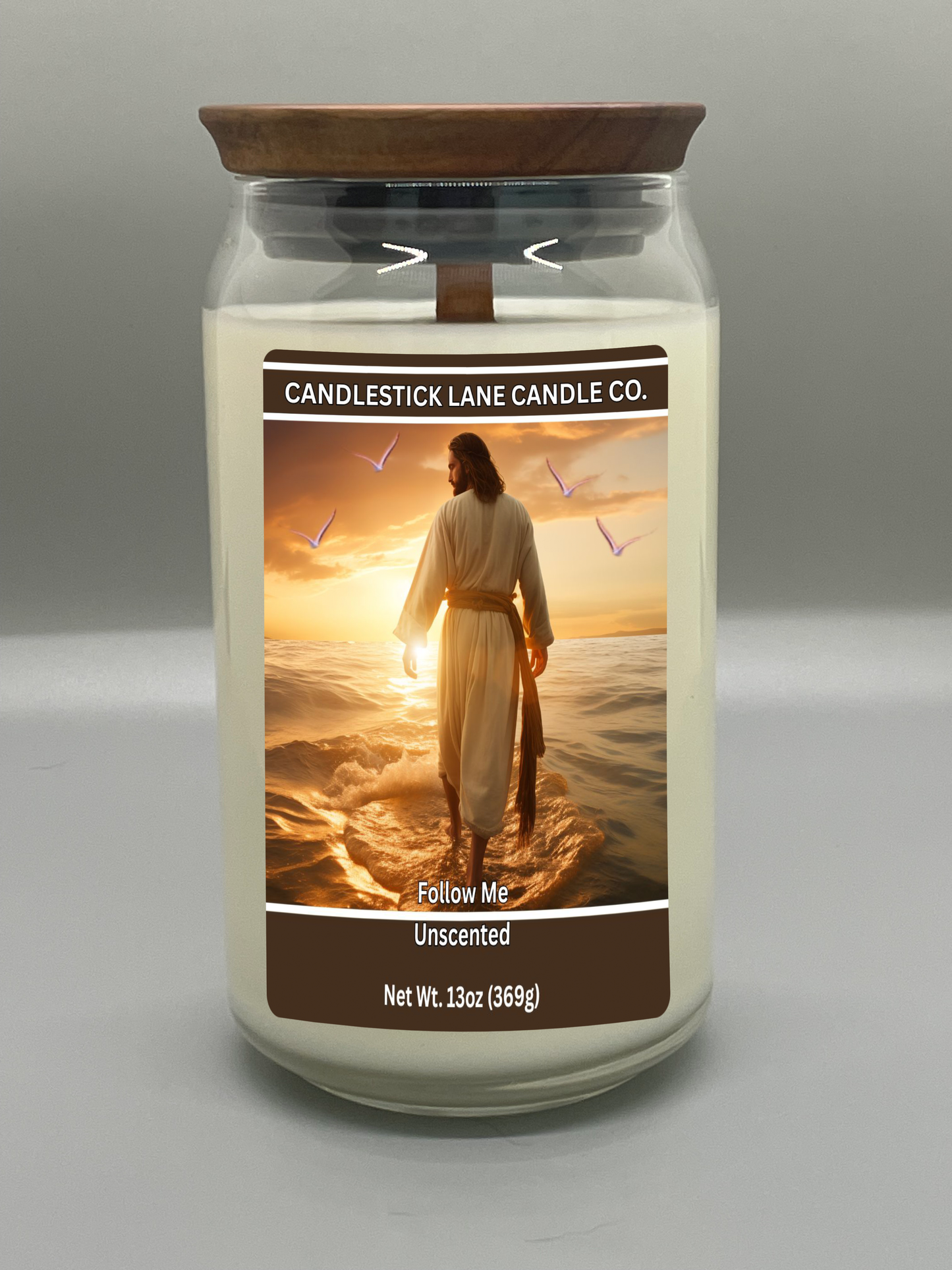 13oz "Follow Me" Themed Jar Candle with Logo Engraved Bamboo Lid