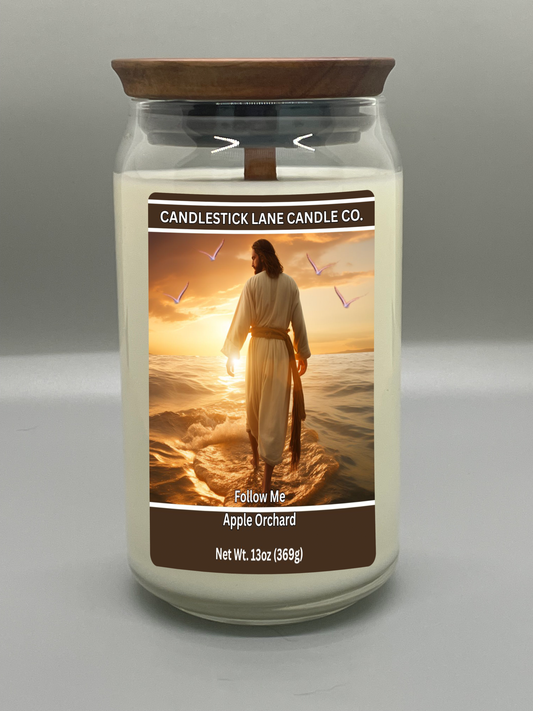 13oz "Follow Me" Themed Jar Candle with Logo Engraved Bamboo Lid